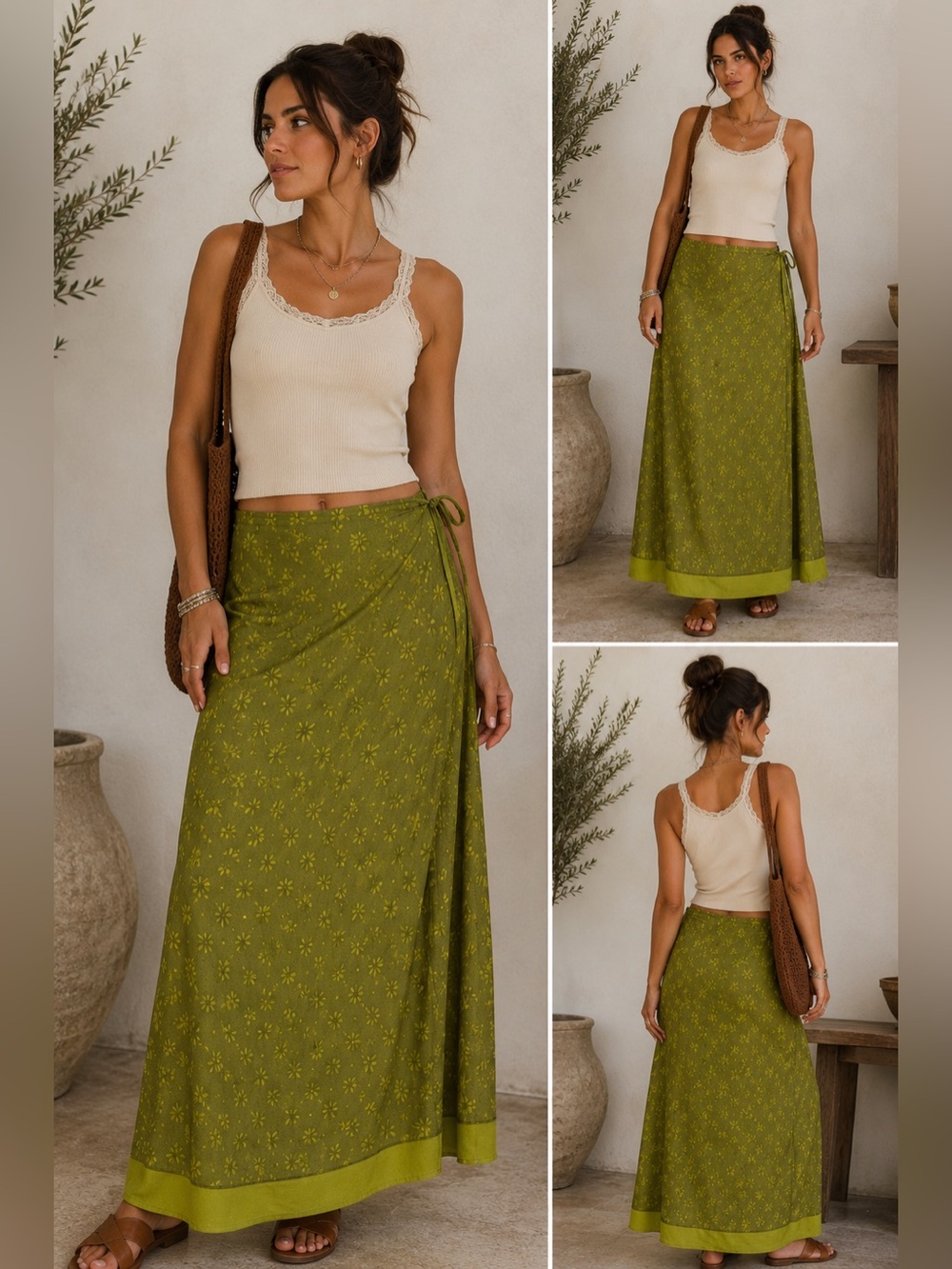 Express World Brand Y2K Silk Wrap Maxi Skirt Green Floral Sz5-6 Boho Festival